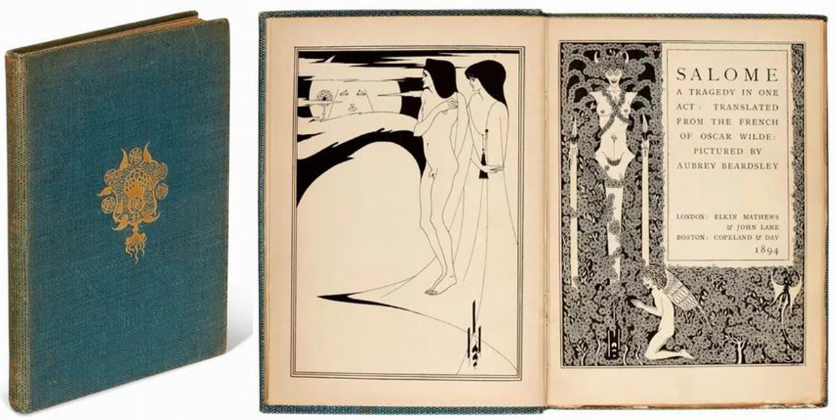 1894年初版《莎乐美》封面及内页，插图由比亚兹莱绘制。